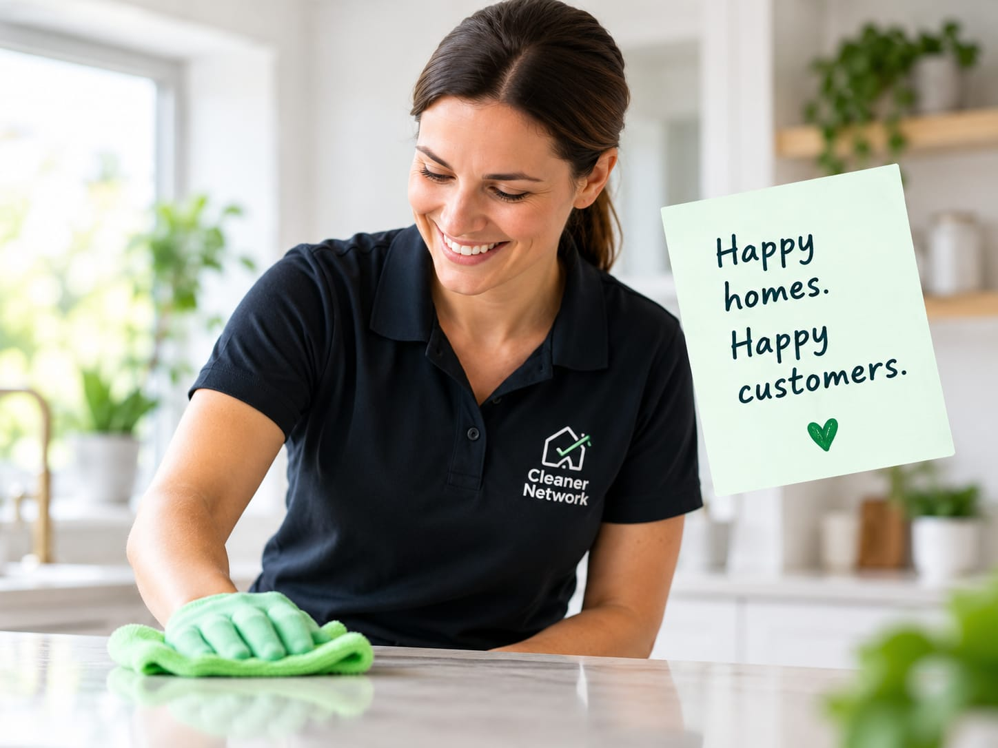 Professional female cleaner wearing a Cleaner Network uniform, smiling while cleaning a kitchen surface