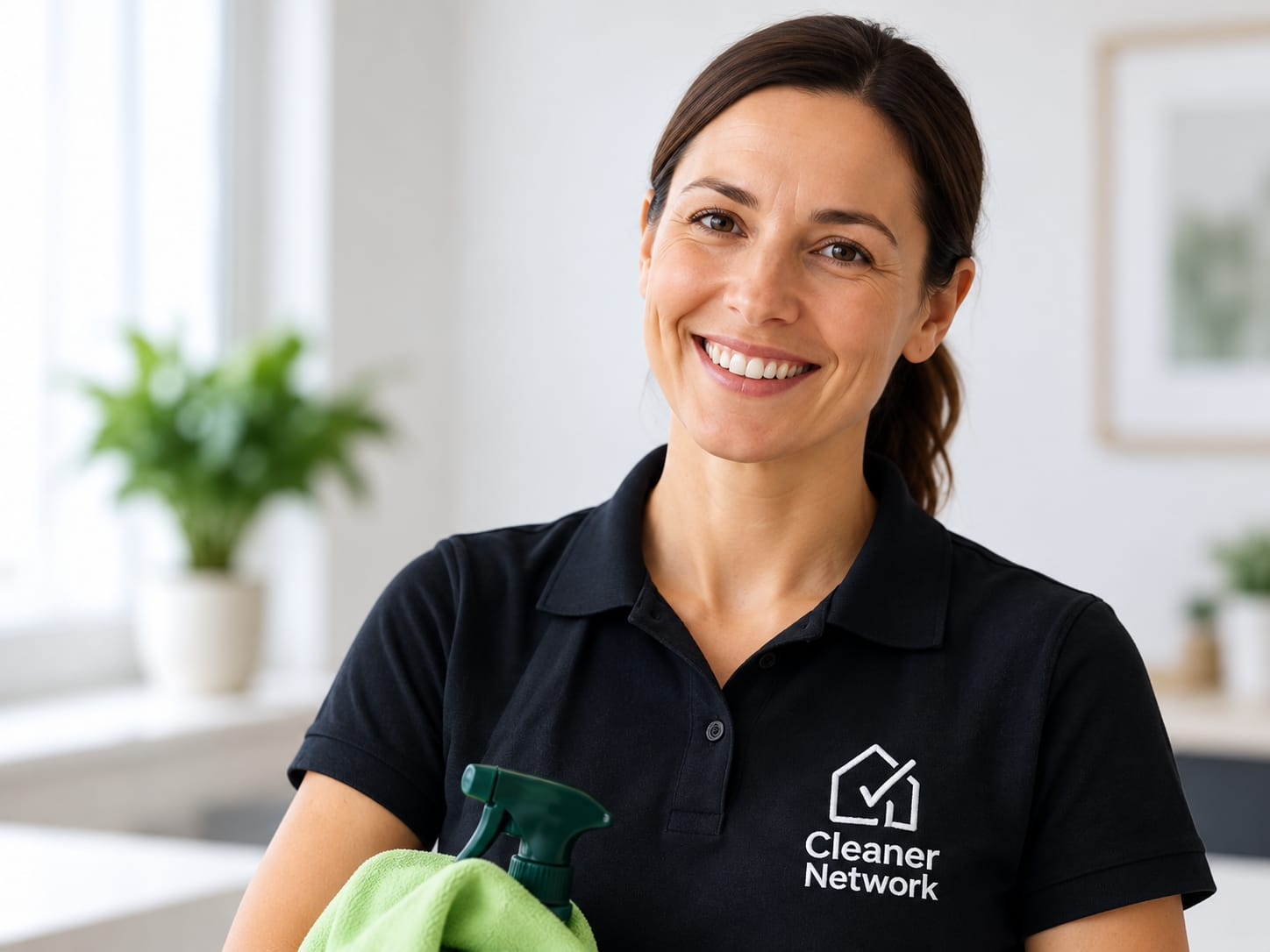 A professional Cleaner Network cleaner smiling, holding a spray bottle and cloth