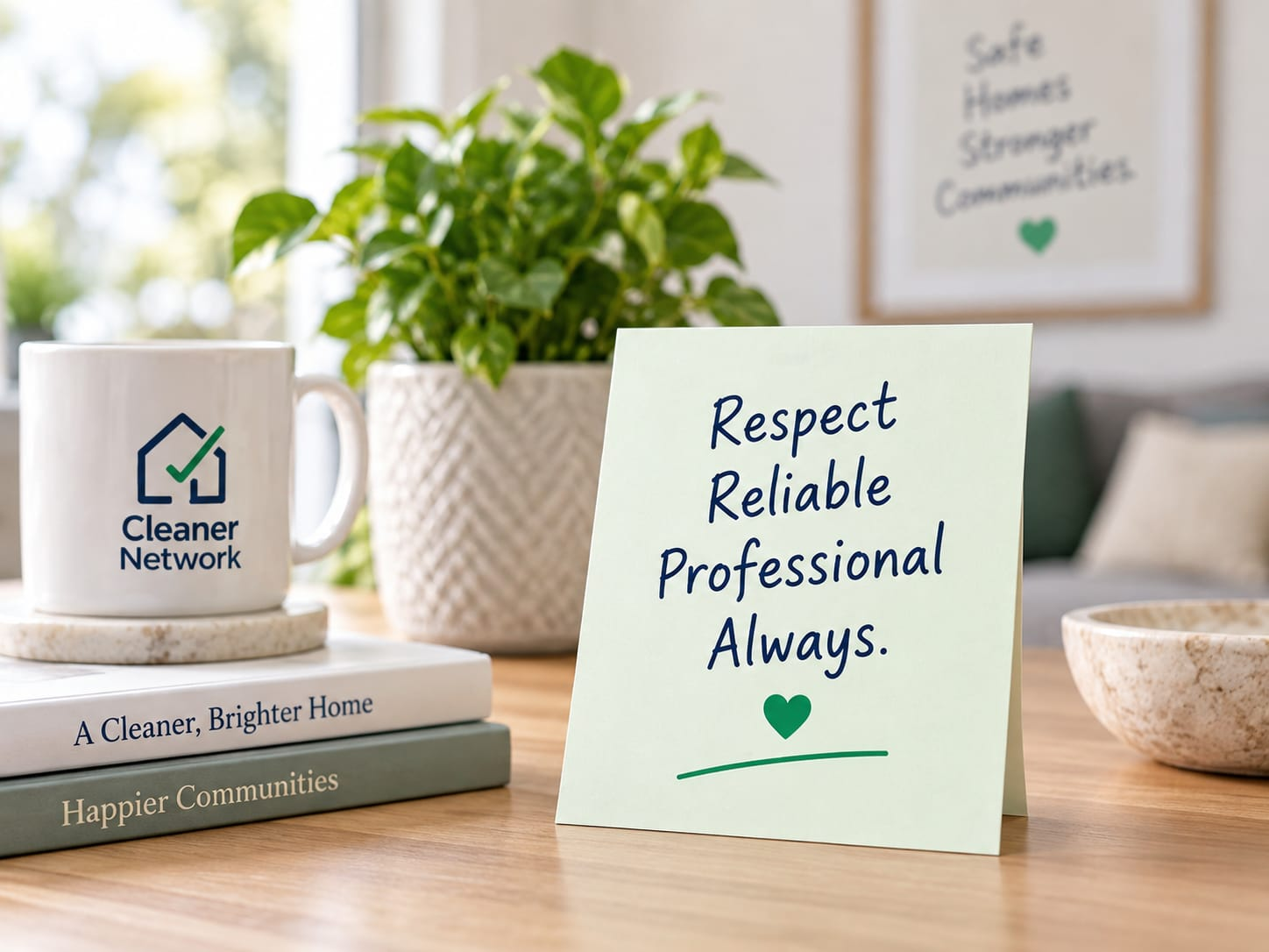 A note card reading 'Respect, Reliable, Professional, Always' on a desk