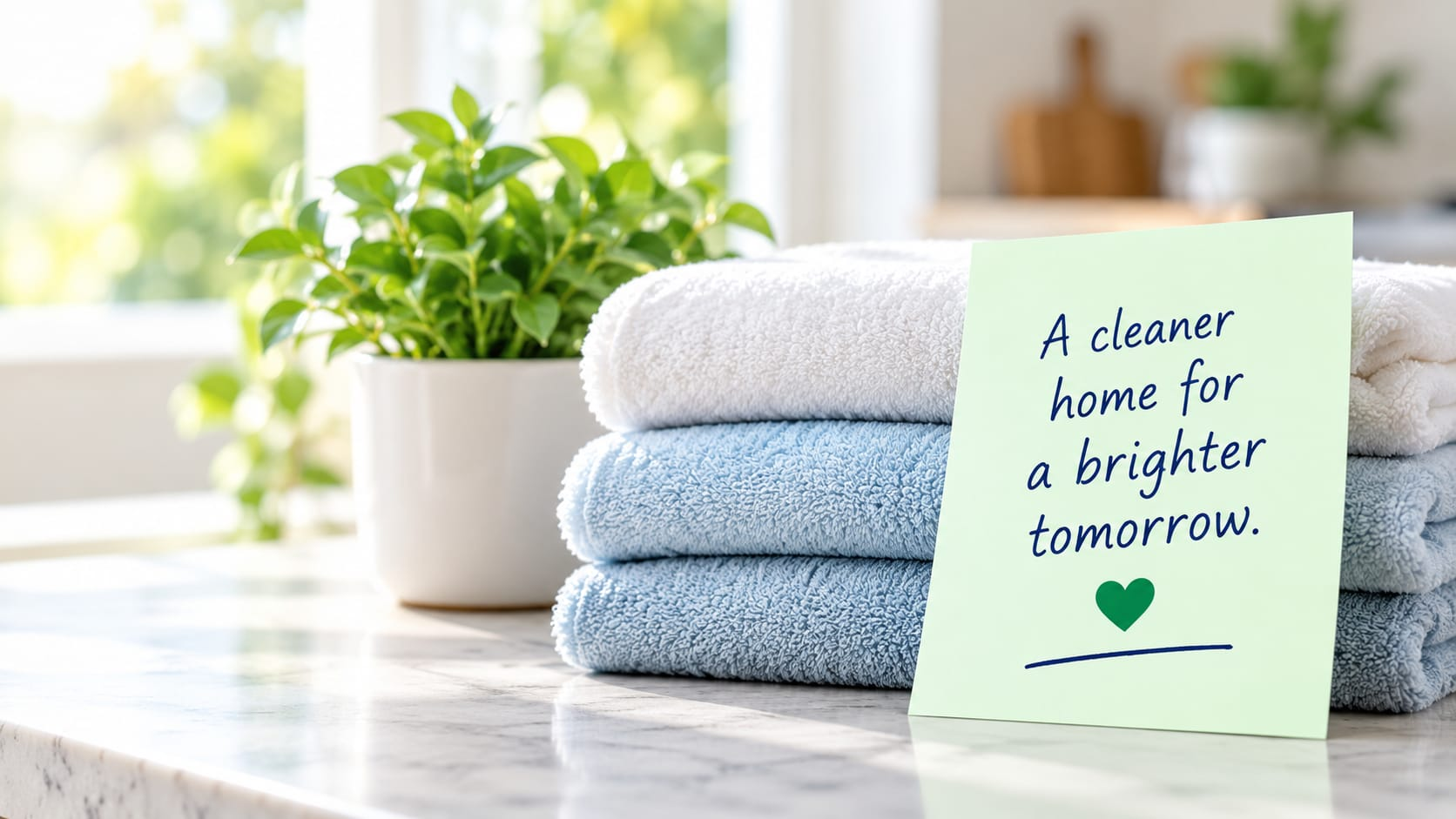Neatly folded towels and a houseplant on a clean wooden surface