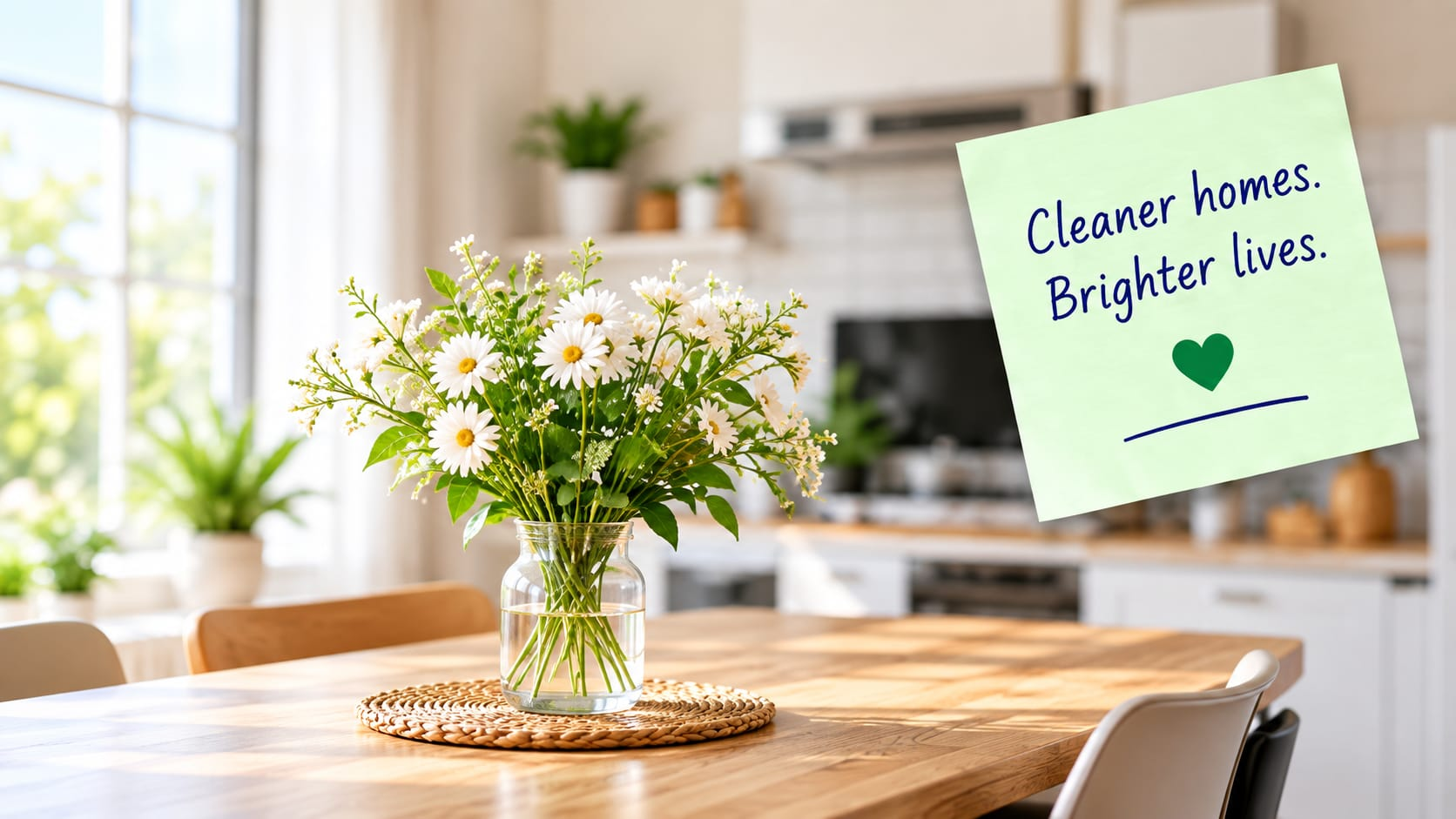 A bright dining table set with fresh flowers in a clean, welcoming home