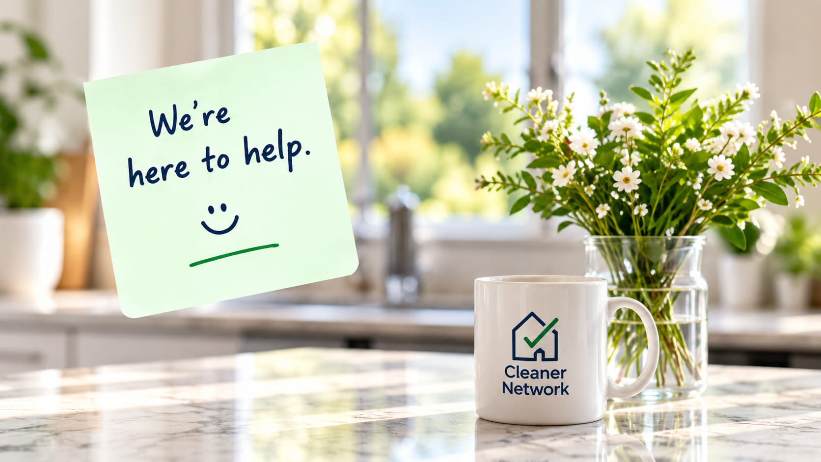 A bright kitchen counter with a Cleaner Network mug and fresh flowers